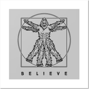 Believe Vitruvian Bigfoot Funny Leonardo da Vinci Sasquatch Vintage illustration Posters and Art